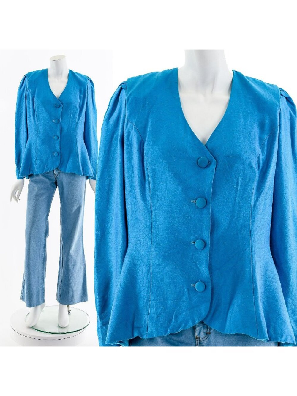 Blue Peplum Long Sleeve Top 80s